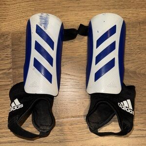 Adidas White and Blue Soccer Shin Guards with Black Straps